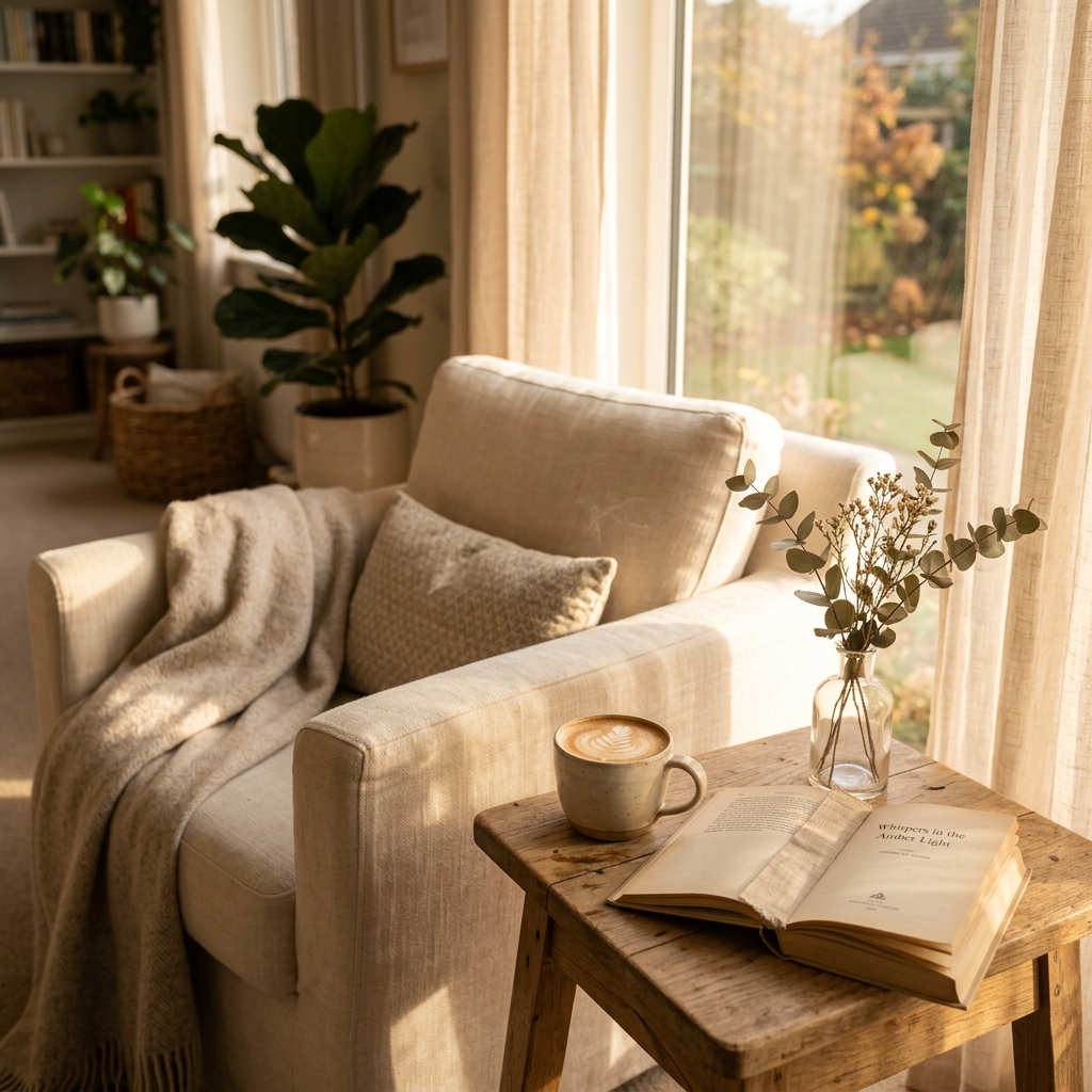 Warm aesthetic interior & book reading